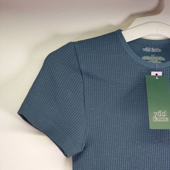 Wild Fable Waffle Knit Tee Women's XS Dark Blue Cropped Stretch Short Sleeve NWT - Picture 6 of 14